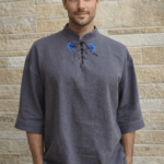 Tumehall linane käsitöötikandiga meeste särk, suurus M-L