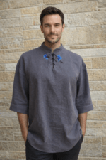 Tumehall linane käsitöötikandiga meeste särk, suurus M-L