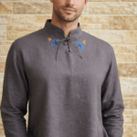 Tumehall linane käsitöötikandiga särk suurus XL