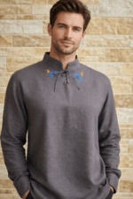 Tumehall linane käsitöötikandiga särk suurus XL