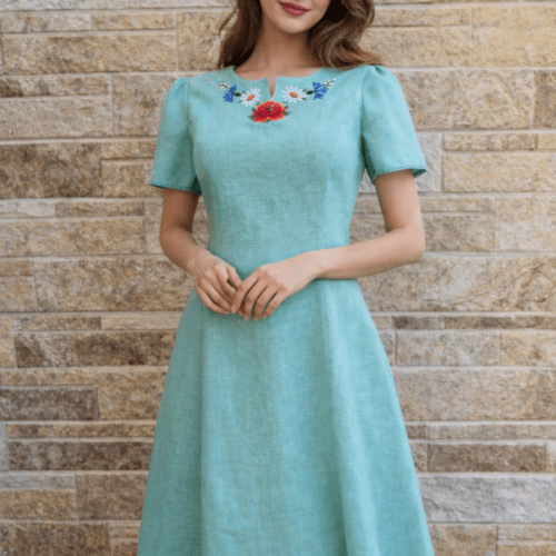 Mündiroheline linane käsitöötikandiga kleit suurus M