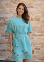 Mündiroheline käsitöötikandiga linane kleit, suurus M-L