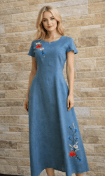 Sinine linane käsitöötikandiga kleit suurus XS