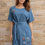 Hallikassinine käsitöötikandiga linane kleit suurus L