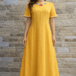 Kollane käsitöötikandiga linane kleit suurus L