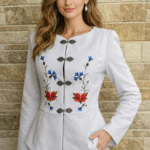 Valge käsitöö tikanditega jakk suurus M