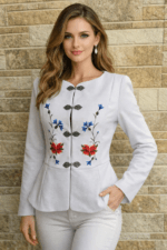 Valge käsitöö tikanditega jakk suurus M