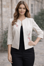 Valge villane jakk käsitöö tikanditega, suurus S