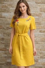 Muhu käsitöö tikandiga linane kollane suvekleit. Eesti käsitöö.