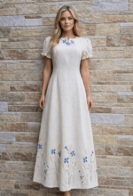 Kreemikas valge käsitöötikandiga linane kleit S