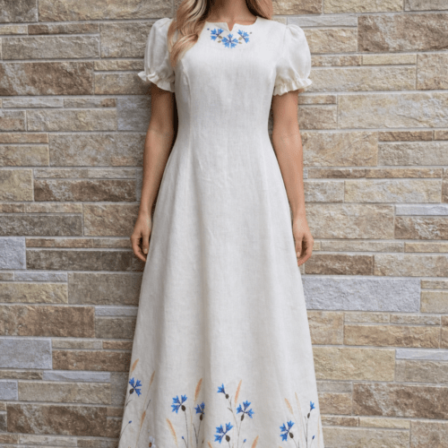 Kreemikas valge käsitöötikandiga linane kleit S